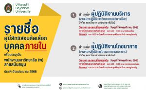 ประกาศมหาวิทยาลัยราชภัฏอุตรดิตถ์ เรื่อง ประกาศรายชื่อผู้มีสิทธิ์สอบคัดเลือกบุคคลภายในเพื่อบรรจุเป็นพนักงานมหาวิทยาลัย (พ) สายสนับสนุน ประจำปีงบประมาณ 2566