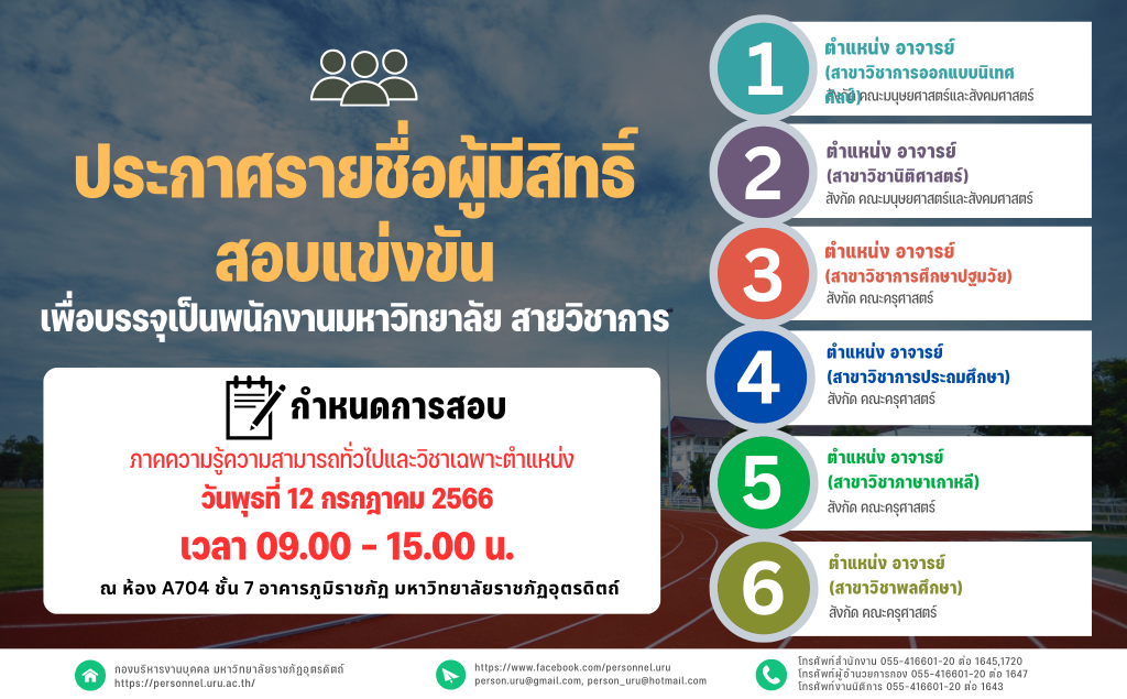 ประกาศมหาวิทยาลัยราชภัฏอุตรดิตถ์ เรื่อง ประกาศรายชื่อผู้มีสิทธิ์สอบแข่งขันบุคคลทั่วไปเพื่อบรรจุเป็นพนักงานมหาวิทยาลัย สายวิชาการ ประจำปีงบประมาณ 2566 ประจำปีงบประมาณ 2566 ครั้งที่ 4