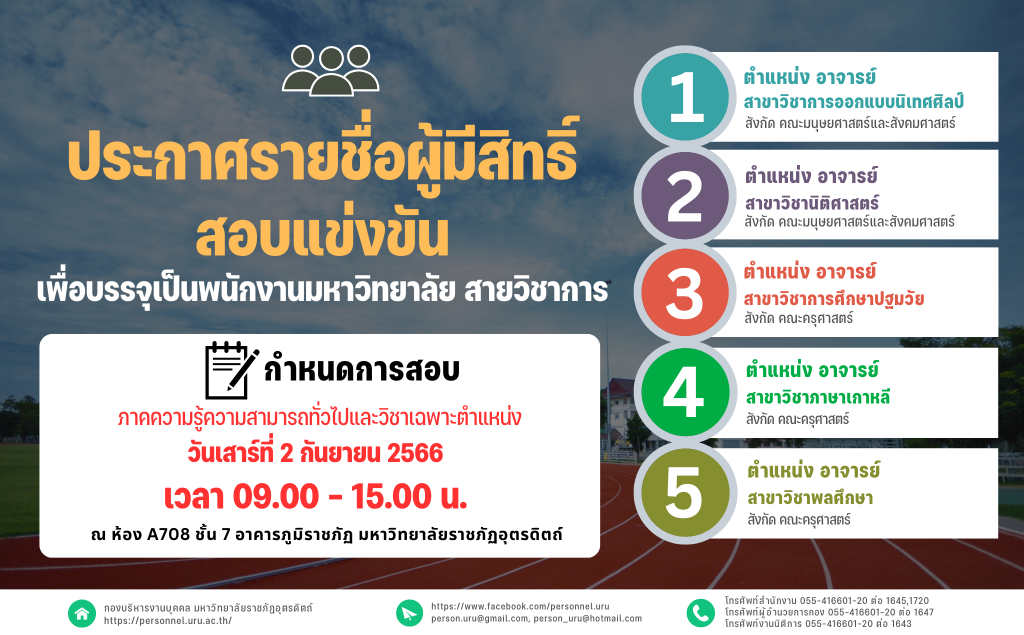 ประกาศมหาวิทยาลัยราชภัฏอุตรดิตถ์ เรื่อง ประกาศรายชื่อผู้มีสิทธิ์สอบแข่งขันบุคคลทั่วไปเพื่อบรรจุเป็นพนักงานมห่วิทยาลัย สายวิชาการ ประจำปีงบประมาณ 2566 ครั้งที่ 5