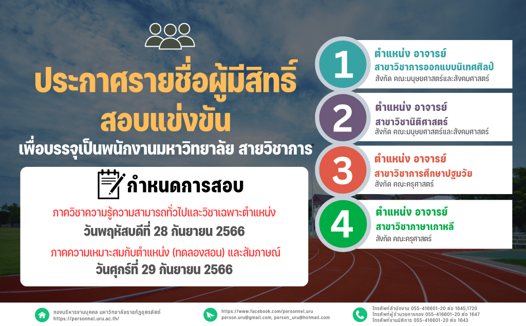 ประกาศมหาวิทยาลัยราชภัฏอุตรดิตถ์ เรื่อง  ประกาศรายชื่อผู้มีสิทธิ์สอบแข่งขันบุคคลทั่วไป เพื่อบรรจุเป็นพนักงานมหาวิทยาลัย สายวิชาการ ประจำปีงบประมาณ 2567