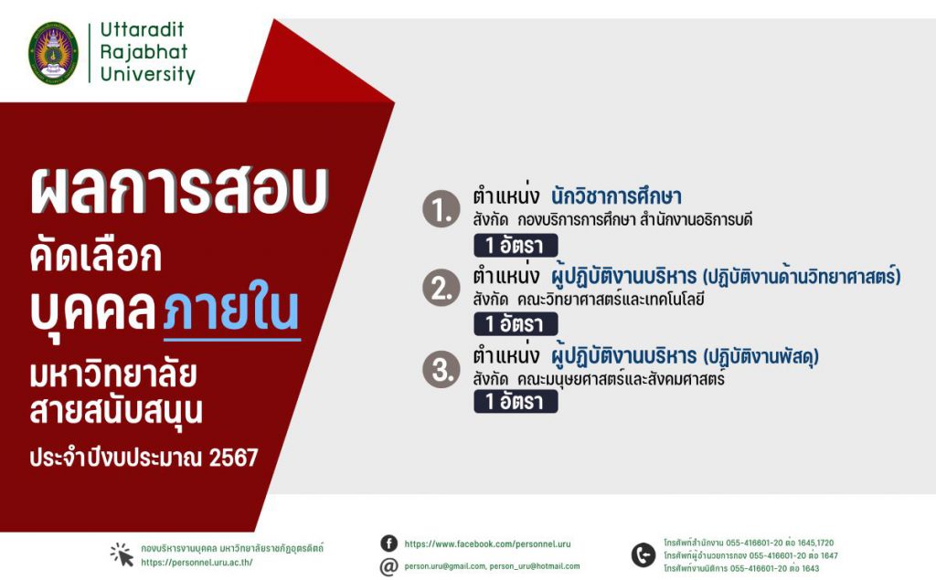 ประกาศมหาวิทยาลัยราชภัฏอุตรดิตถ์ เรื่อง ผลการสอบคัดเลือกบุคคลภายในสายสนับสนุน สังกัดมหาวิทยาลัยราชภัฏอุตรดิตถ์ ประจำปีงบประมาณ 2567