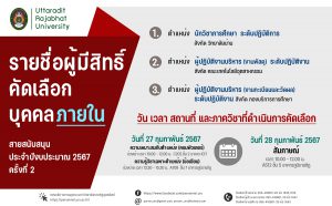 ประกาศมหาวิทยาลัยราชภัฏอุตรดิตถ์ เรื่อง ประกาศรายชื่อผู้มีสิทธิ์คัดเลือกบุคคลภายในสายสนับสนุน สังกัด มหาวิทยาลัยราชภัฏอุตรดิตถ์ ประจำปีงบประมาณ 2567 ครั้งที่ 2