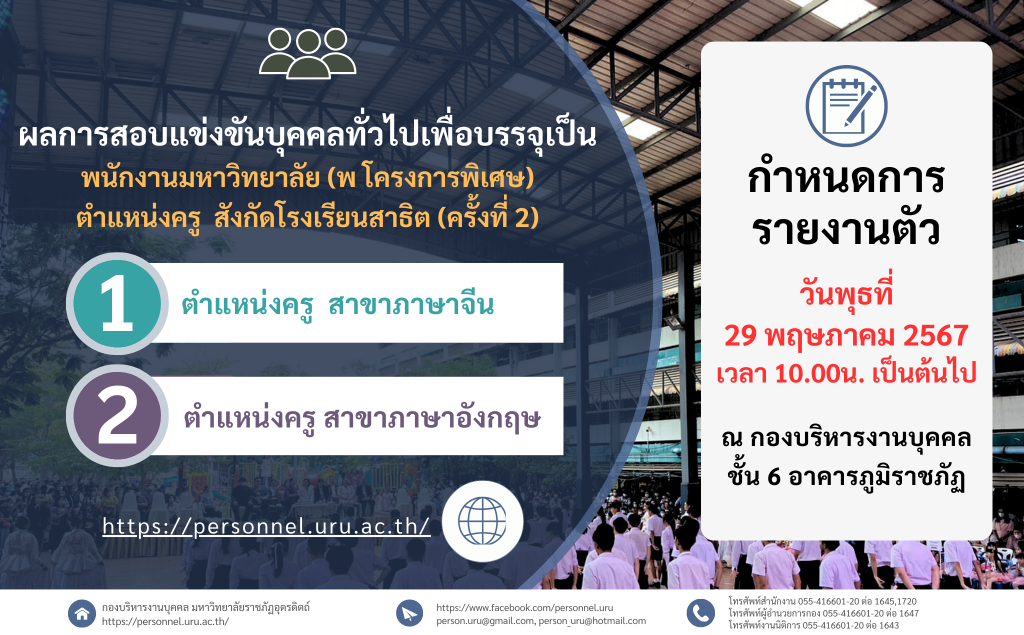 ประกาศมหาวิทยาลัยราชภัฏอุตรดิตถ์ เรื่อง ผลการสอบแข่งขันบุคคลทั่วไปเพื่อบรรจุเป็น พนักงานมหาวิทยาลัย (พ โครงการพิเศษ) ตำแหน่งครู  สังกัดโรงเรียนสาธิต ครั้งที่ 2 ประจำปีงบปรมาณ 2567