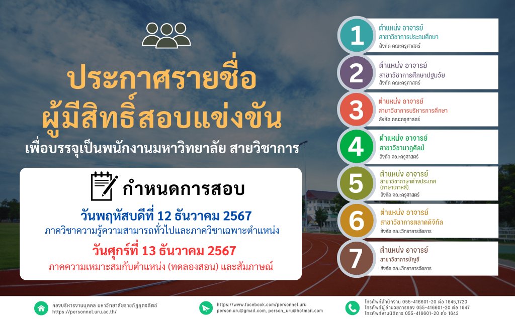 ประกาศมหาวิทยาลัยราชภัฏอุตรดิตถ์ เรื่อง รายชื่อผู้มีสิทธิ์สอบแข่งขันภาควิชาความรู้ความสามารถทั่วไปและวิชาเฉพาะตำแหน่ง เพื่อบรรจุบุคคลเป็นพนักงานมหาวิทยาลัย ประเภทวิชาการ ปีงบประมาณ ๒๕๖๘