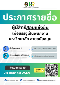 ประกาศมหาวิทยาลัยราชภัฏอุตรดิตถ์ เรื่อง รายชื่อผู้มีสิทธิ์สอบแข่งขันบุคคลทั่วไปเพื่อบรรจุเป็นพนักงานมหาวิทยาลัย ประเภทสนับสนุน ปีงบประมาณ 2570